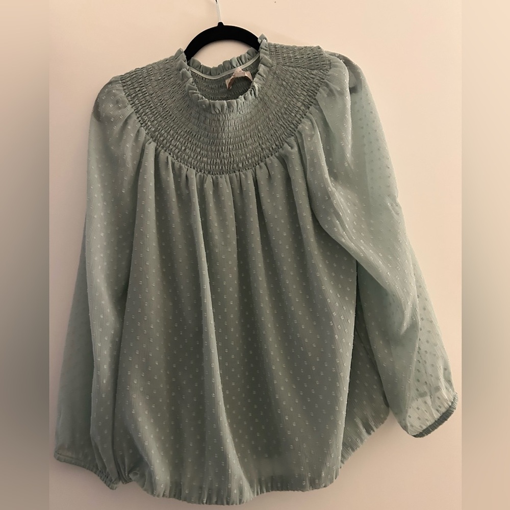 LOFT Bohemian Smocked Swiss Dot Pullover Long Sleeve Elastic Waist mint green